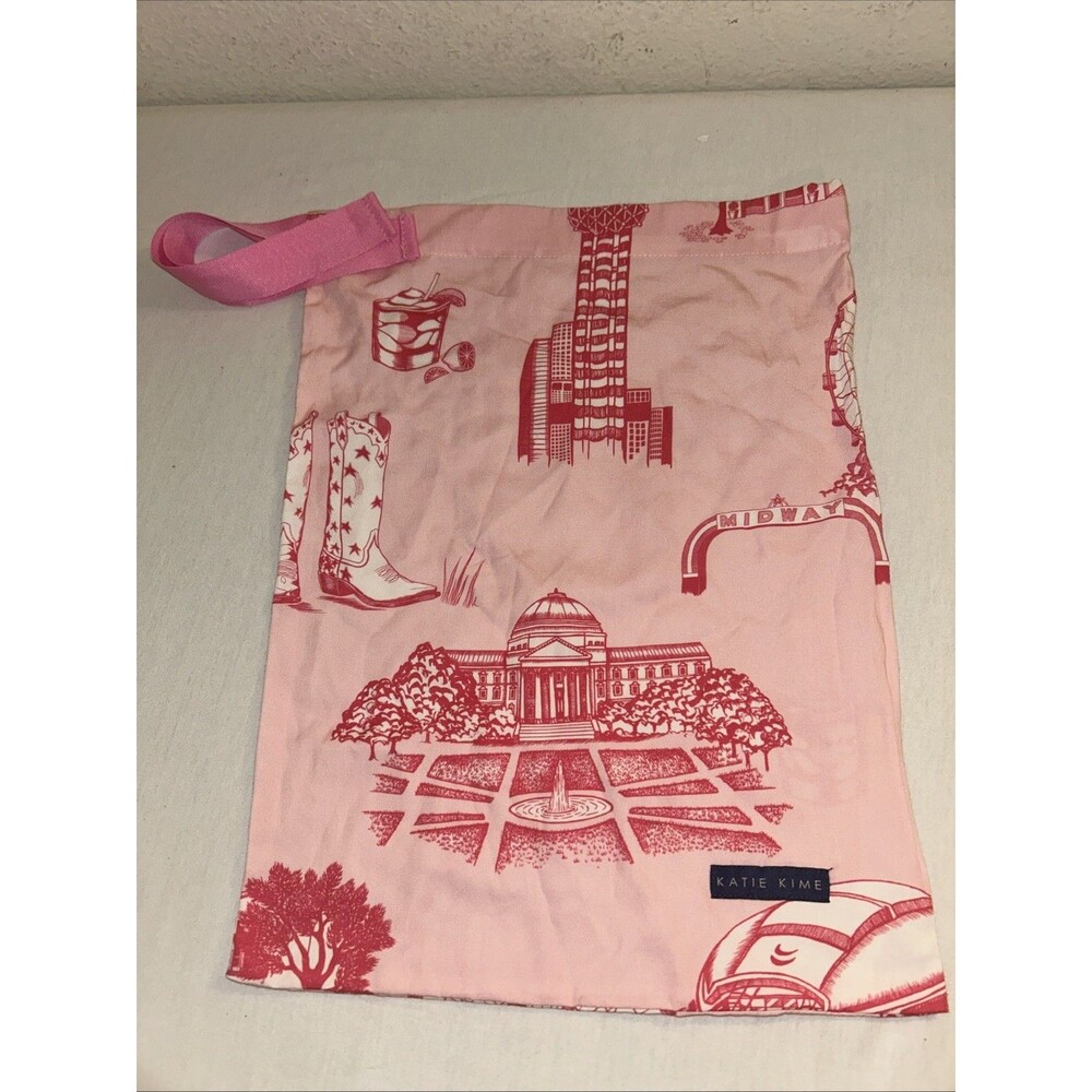 Katie Kime Dallas Toile Drawstring Pouch Reunion Tower Fair Park Pink Red Texas